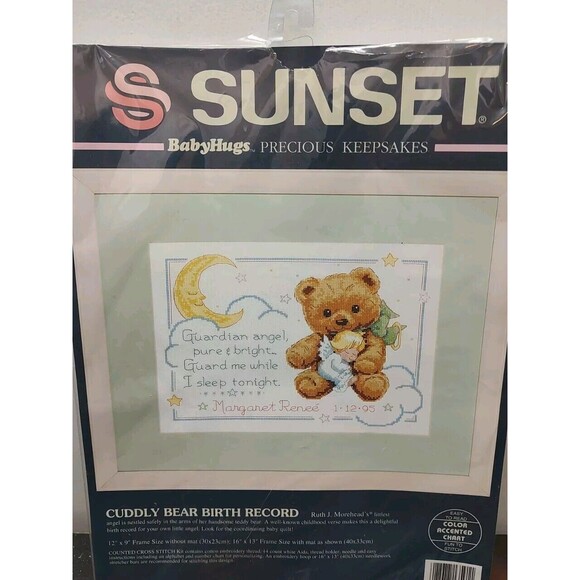 Dimensions Sunset Counted Cross Stitch Kit Cuddly Bear Birth Record  13591 Vtg - Picture 1 of 10
